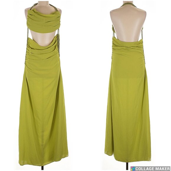 Violet Aurora Split Goddess Gown Dress Maxi Green M Chain Gathered Green NWT - Picture 1 of 6